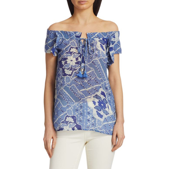 FIGUE Gianna Off-The-Shoulder Tassel Tie Blouse Top Neiman Marcus S NWT $325 - Picture 1 of 13